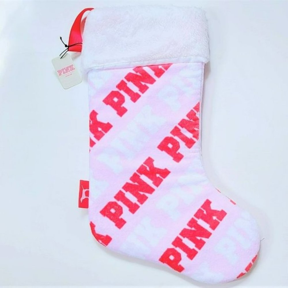 NWT PINK Victoria's Secret Holiday Plush Logo Stocking - Picture 2 of 3